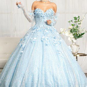 BABY BLUE Sweetheart Neckline 3D Floral Applique Sequin Quinceanera DRESS GL1986